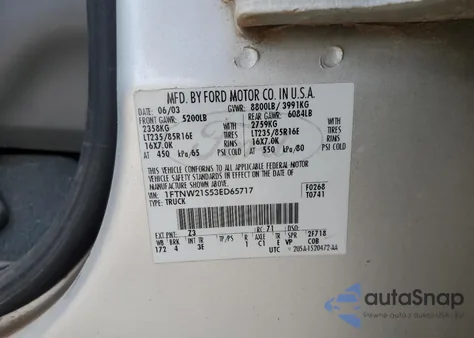 2003 Ford F250 Super Duty z USA, uszkodzony, nr VIN 1FTNW21S53ED65717